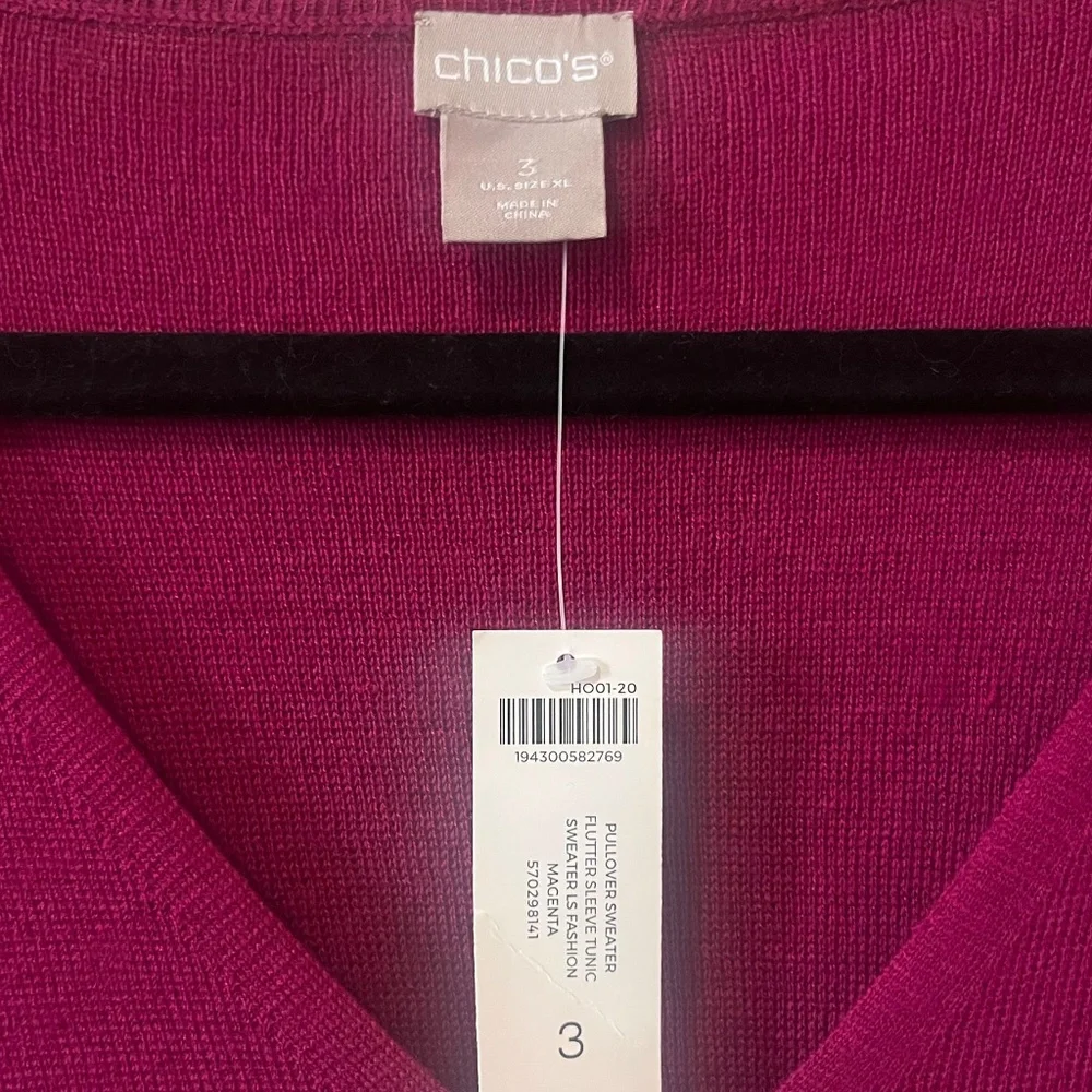 NWT. Chico's Fuchsia V-Neck Pullover Sweater. Chico's Size 3. Size 16 XL - Picture 6 of 8